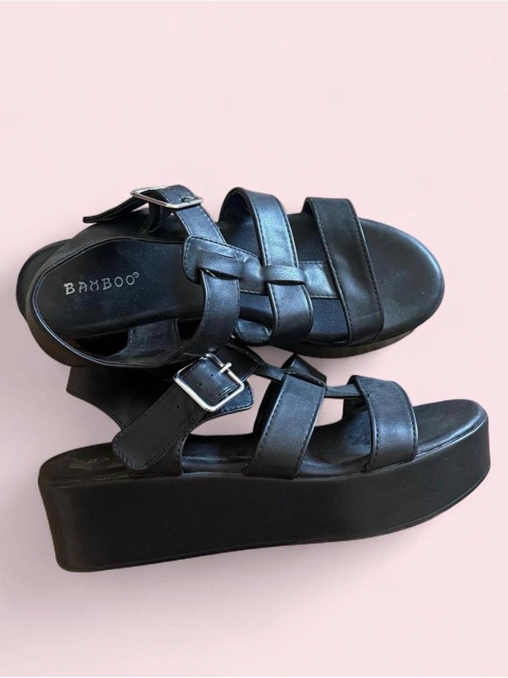 BAMBOO Black Platform Strappy Buckle Sandals